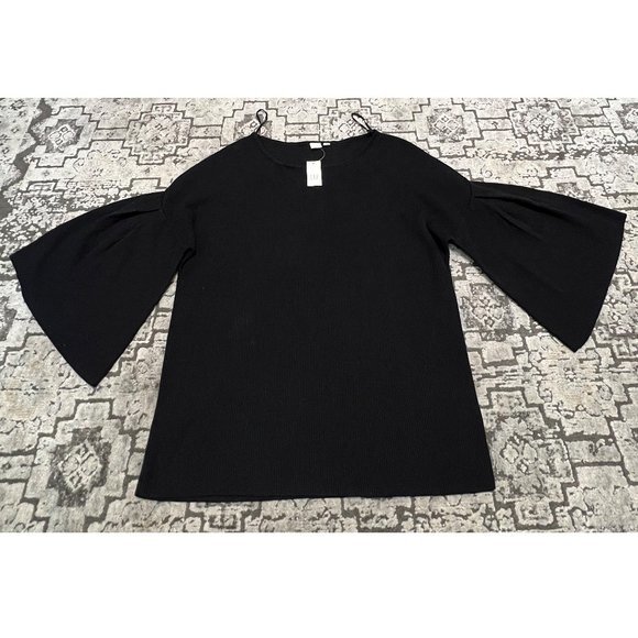 Gap silk blend Women's Pullover Crew Neck Rib Knit Top Bell Sleeve L Black NWT - Picture 2 of 7